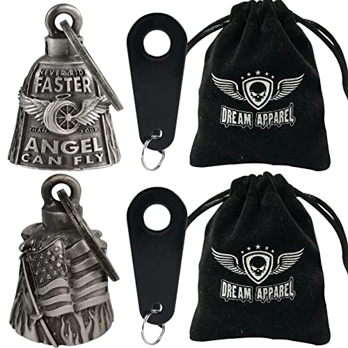 Dream Apparel 2 Pack Motorcycle Bells Guardian Angel for Biker Rider Men Women Ride Riding with Hangers, Drive Away Gremlins - color: Wing Wheel Bell + Us Flag Bell