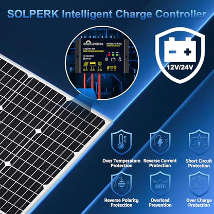SOLPERK Solar Panel Kit 50W 12V, Waterproof Solar Battery Trickle Charger Maintainer + Waterproof Controller + Adjustable Mount Bracket for Boat Car RV Motorcycle(Without Mounting Bracket) - size: 50W PWM+Load