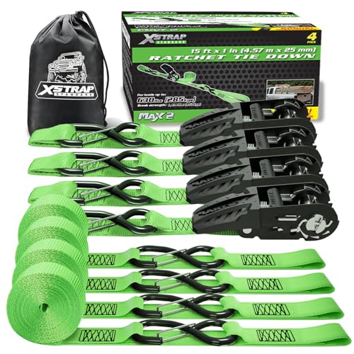 XSTRAP STANDARD Ratchet Tie Down Straps - 4 Pk - 1'' x 15 Ft 1890 Lbs Break Strength-Cargo Straps with Integrated Soft Loops, Padded Handles & Coated S Hook W/Safety Clip for Motorcycle, Truck (Green) - size: Green-1890 lbs