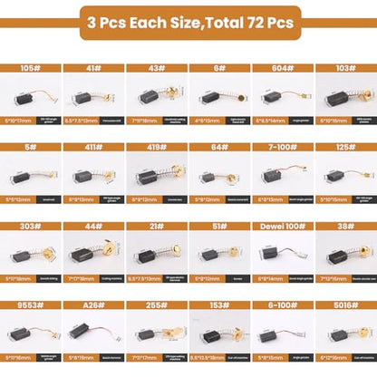72Pcs Electric Motor Carbon Brushes Set, 24 Different Sizes Replacement Repair Kit for Various Electric Tools and Motors
