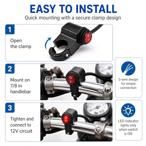Motorcycle Handlebar Switch, 12V Waterproof Aluminum Alloy Handlebar Switches with On-Off Push Button, Headlight Fog Light Switches Fits 7/8" Handlebars, Motorcycle Accessories - color: 1 PCS