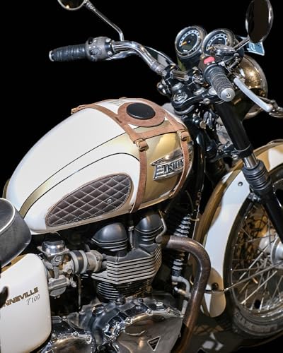 Trip Machine Company Genuine Leather Motorcycle Fuel Tank Strap – Heavy Duty Adjustable Horizontal Tank Mount Cover for Right Side Fuel Inlet Bikes (Only Tank Strap, Brown) - color: Tobacco Brown, style: Only Tank STrap