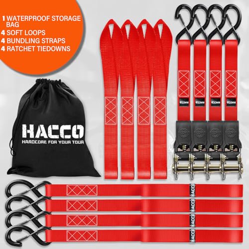 Haccoplanet Ratchet Tie Down Straps, 2340lb Break Strength, 4pc 1inch x 16FT Ratchet Strap Set with Padded Handles & Coated S Hook W/Safety Clip, Cargo Strap Tie-Down for Motorcycle, Truck (Red) - color: Red