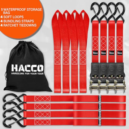Haccoplanet Ratchet Tie Down Straps, 2340lb Break Strength, 4pc 1inch x 16FT Ratchet Strap Set with Padded Handles & Coated S Hook W/Safety Clip, Cargo Strap Tie-Down for Motorcycle, Truck (Red) - color: Red