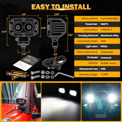 Auxbeam 4" Cube LED Pods, Super Bright 60W Offroad Lights Auxiliary Flood Light Pods Motorcycle Driving Light for ATV UTV SUV Boat Jeep - color: 12D White Flood Beam (ZD000672)