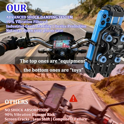 LOKTENWO Motorcycle Phone Mount-[Triple Vibration Dampener] & [Metal Adjustment Arm]，Motorcycle Cell Phone Holder, Bike Phone Mount for iPhone 17 16 15 Pro Max, 5.4-7.2" Smartphones