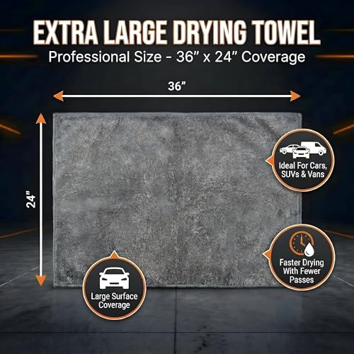 Car Drying Towel Extra Large 36" x 24" 1400 GSM Twisted Loop Microfibre - Charcoal Drying Towel Car Detailing, Double-Sided Edgeless Design, Super Absorbent, Durable Machine Washable and Lint-Free