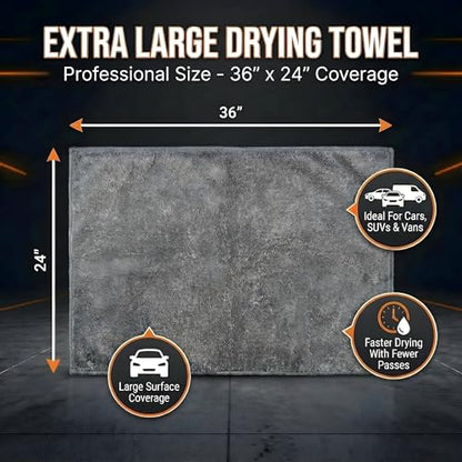 Car Drying Towel Extra Large 36" x 24" 1400 GSM Twisted Loop Microfibre - Charcoal Drying Towel Car Detailing, Double-Sided Edgeless Design, Super Absorbent, Durable Machine Washable and Lint-Free