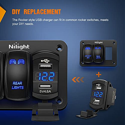 Nilight Rocker Switch Style Dual USB Outlet LED Voltmeter Quick Connector 12V Car Replacement with Inline Fuse for Boats RVs Trucks Cars - color: Dual USB Voltmeter Blue