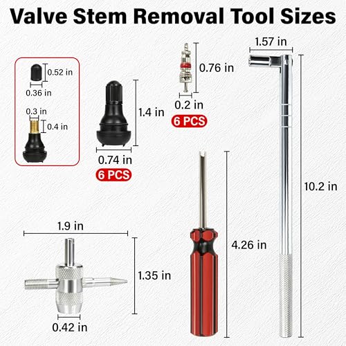 ecocstm Valve Stem Puller Installer Tool, Tire Valve Stem Removal Tool, 6 PCS TR412 Snap-in Tire Valve Stems with 6 PCS Valve Cores, 4 Way Valve Core Remover and Single Head Valve Core Tool (15 PCS)