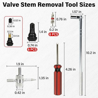 ecocstm Valve Stem Puller Installer Tool, Tire Valve Stem Removal Tool, 6 PCS TR412 Snap-in Tire Valve Stems with 6 PCS Valve Cores, 4 Way Valve Core Remover and Single Head Valve Core Tool (15 PCS)