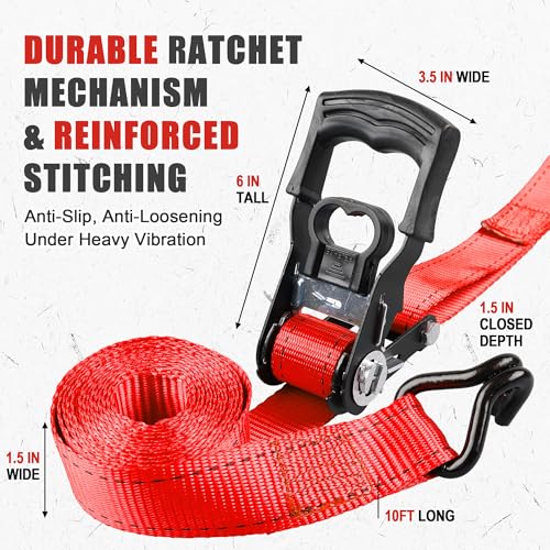 AWELCRAFT Ratchet Straps(4 Pack),3300lb Breaking Strength,1.5in×10ft Heavy Duty Tie Down Ratcheting with Padded Handles,Double J Hooks & 4 Soft Loops for Trailer,Trucks,Motorcycle(Red) - color: Red