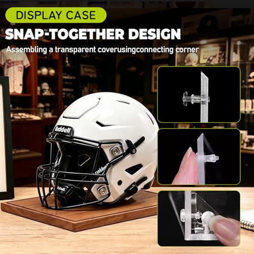 Football Helmet Display Case, Full Size Acrylic Baseball Motorcycle Helmet Showcase, UV Protection Collectibles and Souvenirs Box with Solid Wood Base and Stand, Ideal Gift for Sports Fans - size: 17.2ln×13.4ln×1.5