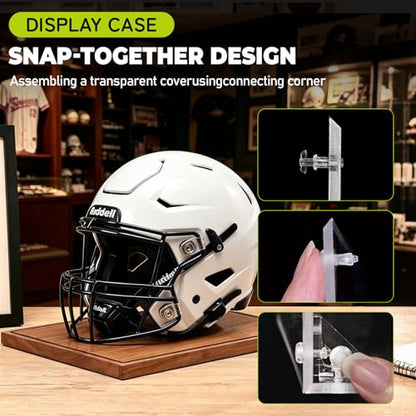 Football Helmet Display Case, Full Size Acrylic Baseball Motorcycle Helmet Showcase, UV Protection Collectibles and Souvenirs Box with Solid Wood Base and Stand, Ideal Gift for Sports Fans - size: 17.2ln×13.4ln×1.5