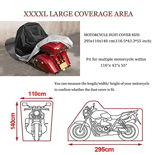 BAIONE Waterproof Motorcycle Dust Cover with Lock Holes for Indian Chief, Chieftain Roadmaster,Dark Horse, Springfield, 116 Inches XXXX Large(Black and Silver)