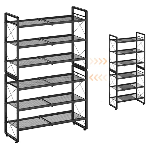 ELYKEN Shoe Rack, 6-Tier Expandable Shoe Organizer for Entryway, Metal Black Shoe Shelf with 8 Hooks, Ajustable Shoe Stand Holder for Closet, Garage, Door Entrance - size: 6-Tier