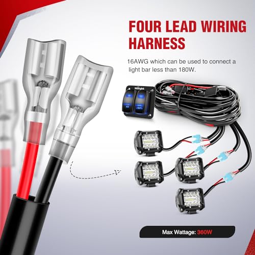 Nilight 16AWG LED Light Bar Wiring Harness Kit 12V On/Off 2 Gang Rocker Switch Panel Power Relay Blade Fuse 5Pin Toggle Switches for Cars Boat ATV Trucks-4 Leads - color: 2Gang Rocker Switch 16AWG Wiring Harness