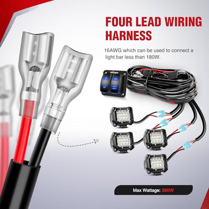 Nilight 16AWG LED Light Bar Wiring Harness Kit 12V On/Off 2 Gang Rocker Switch Panel Power Relay Blade Fuse 5Pin Toggle Switches for Cars Boat ATV Trucks-4 Leads - color: 2Gang Rocker Switch 16AWG Wiring Harness