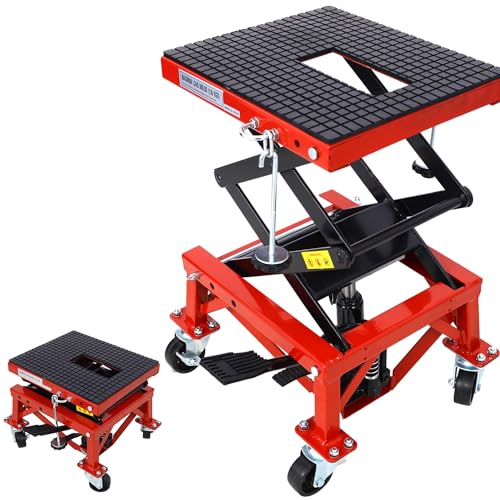 350 LBS Motorcycle Lift Table with 4 Wheels, Hydraulic Lift Table Cart & Motorcycle Scissor Jack Stand with Locking Pin & J-Hooks for Small Dirt Bikes/ATV Dirt Bike, Portability (Red) - color: Red