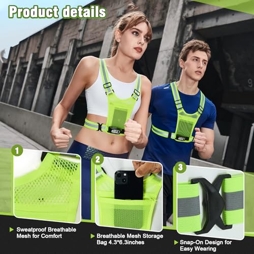 Gesture Sensing Running Light Reflective Vest with Pouch (Green) | ①45°Adjustable Angle②360°Reflective Strap③Multiple Lighting Mode④Waterproof IPX4⑤For Nighttime Walking Cycling Jogging Hiking - color: green