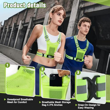 Gesture Sensing Running Light Reflective Vest with Pouch (Green) | ①45°Adjustable Angle②360°Reflective Strap③Multiple Lighting Mode④Waterproof IPX4⑤For Nighttime Walking Cycling Jogging Hiking - color: green