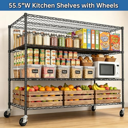 Heavy Duty Garage Shelving with Wheels: 55.5" W x 24" D x 81" H 4 Tier Wire Metal Storage Shelves, Adjustable NSF Commercial Shelf, Rolling Tote Rack Organizer for Pantry, Warehouse, Black - size: 55.5"W x 24"D x 81"H
