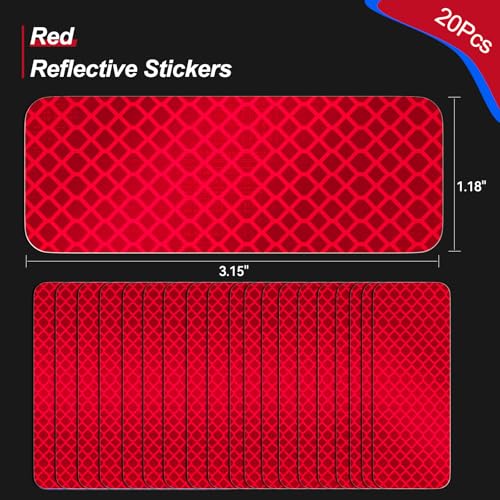 PHIXBEAR 20 Pcs Super Reflection Reflective Stickers, Safety Reflective Tape for Car Bike Mailbox Helmet, Red Tape Outdoor Waterproof 3.15" X 1.18" - color: Red