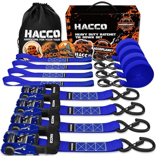 HACCOPLANET Ratchet Straps, 5280lb Break Strengeth, 1.6" Heavy Duty Ratchet Tie Down Strap Set w/Padded Handle, S Hook, Soft Loop for UTV Motorcycle Truck Cargo Straps (Blue, 16FT) - color: Blue, size: 16FT