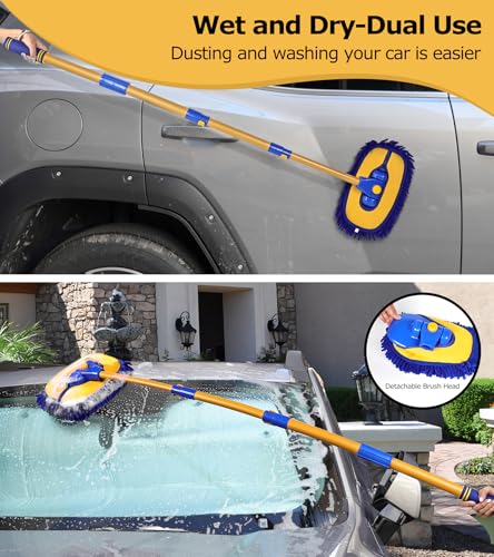 anngrowy 56.7" Car Wash Brush Mop Kit Mitt Sponge with Long Handle Car Cleaning Supplies Kit Tools Car Washing Duster Exterior Scratch Free, Chenille Replacement Head Extension Pole - color: Blue