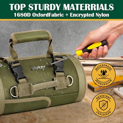 Tool Roll Up Bag Organizer, Heavy Duty Waterproof Tool Roll Bag with Detachable Pouches, Portable Tool Organizer for Mechanic, Electrician, Car Truck Motorcycle Tool Storage, Green