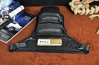 Le'aokuu Mens Genuine Leather Motorcycle Tactic Belt Waist Pack Drop Leg Cross Over Bag - color: X3111 Black