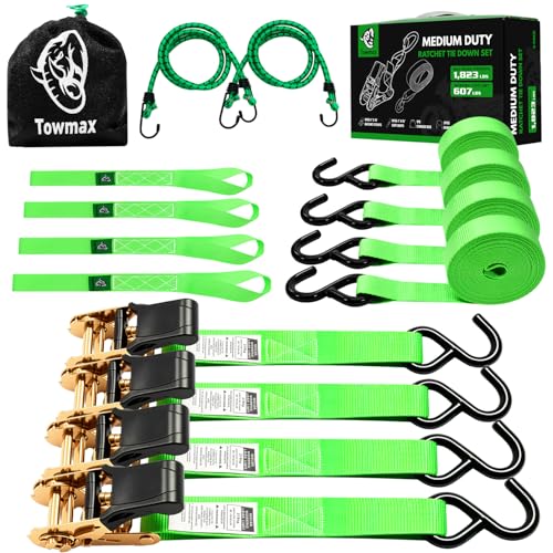 Ratchet Straps Medium Duty 4 Pack -1 Inch x 15 Feet (1,823LB Break Strength)- Motorcycle Tie Down Straps -Soft Loops with Bungee Cords- Ratchet Tie Down Set for Powersports, Motorcycle or Moving Cargo - color: Green, size: 1823lb - 15ft