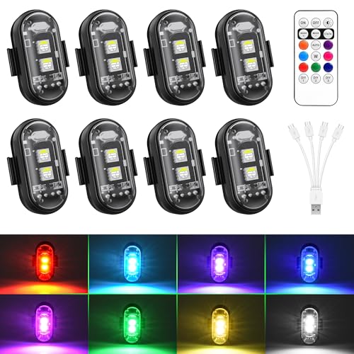 Wireless RGB LED Aircraft Strobe Lights with Remote Control, 8 Colors 10 Flash Modes USB Charging Anti-Collision Lights Waterproof Emergency Warning Light for Drone Car Motorcycle Bike 8 Pcs - color: 8Pcs