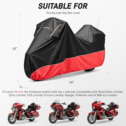 Waterproof Motorcycle Cover 420D Oxford Heavy Duty with Side Top Box Compatible with Harley Davidson Touring Ultra Limited Street Glide Road Glide Electra Glide (116" x 47" x 53") - color: Red