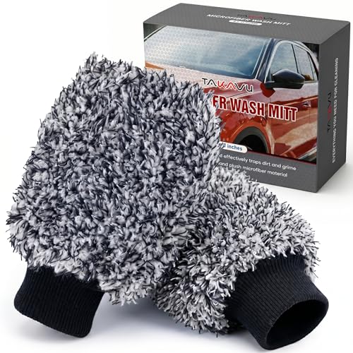 TAKAVU Car Wash Mitt Scratch Free, 2 Pack Microfiber Wash Mitts for Auto Detailing, Soft Lint Free Cleaning Gloves, Holds Sudsy Water, Machine Washable (Black & White) - color: Black