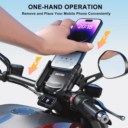 iMESTOU Aluminum Motorcycle USB Phone Mount Charger with USB C Fast Charge Port Compatible with 5.4"-7.2" Phones Up to 15mm Thickness, Fits for 12mm-32mm Handlebars, Works with 12-24V Motorcycles