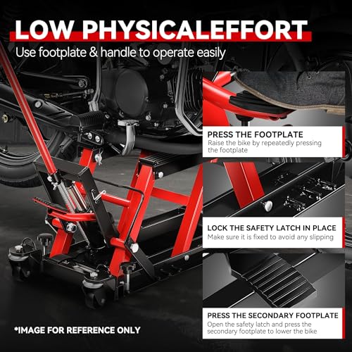 Auto Dynasty Hydraulic Motorcycle Lift Jack, 1500LBS Capacity Low Profile Steel ATV Lifts Stand Hoist with Wheels and Handle for Motorcycles, Bicycles, ATVs, UTVs, Dirt Bikes, Red - size: 1500 LBS
