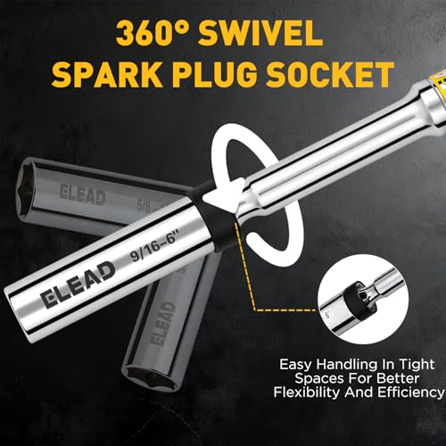 ELEAD 9/16" Swivel Magnetic Spark Plug Socket, 3/8" Drive x 6" Total Length, Thin Wall Spark Plug Removal Tool, 360 Degree Swivel, Enhanced Magnetic, 6-Point Design, Cr-V Steel - size: 9/16" x 6"
