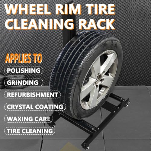Rolling Wheel Detailing Stand – Heavy-Duty Tire Cleaning and Polishing Roller with 3-Way Rotating Rollers for Ceramic Coating, Tire Shine, Car Wheel Wash – Garage Accessory for Auto Detailers - color: Black