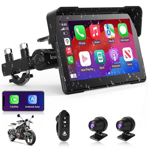 7 Inch Motorcycle Carplay Motorcycle w Dual 2K Dash Camera Wireless Apple Carplay Android Auto Screen with GPS Navigation for Motorcycles Voice Control Light Sensor Bluetooth IP67 Waterproof