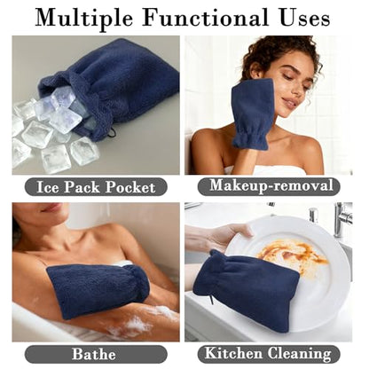 VOOVA & MOVAS 6-Pack Bath Mitts for Shower, 100% Cotton Soft Absorbent Wash Cloths with Hanging Loop, 8.3x6.3 Inch European Style Bathing Gloves for Body & Spa, Navy - color: Navy