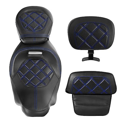 SLMOTO Motorcycle Low-Profile Passenger Rieder Seat, Rider Sissy Bar Backrest Pad Passenger Sissy Bar For Harley Touring CVO Road King Street Glide Road Glide Electra Glide 2014-2023 Black Blue - color: Style B Blue Seat+Rider Backrest + SP