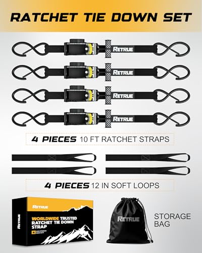 RETRUE Heavy Duty Self-Retracting Ratchet Straps, 10 Feet Retractable Ratchet Tie Down Straps with 1,500lb Break Strength for Trailers, Motorcycles, ATVs, Moving, Cargo Handling & More, Black (4 Pack) - size: 4-Pack