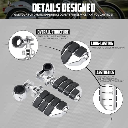 Highway Pegs Motorcycle Foot Rests w/Mount Clamp Kit For 1" 1.25" Engine Guards Compatible with Harley Touring Softail Dyna Sportster Road King Fat Bob Road Glide Street Glide Chrome