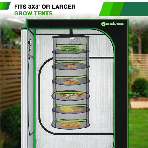 Yesker 6 Layer Herb Drying Rack Hanging Mesh Net Foldable Plant Drying Racks 24" w Green Zipper Pruning Shears Hook Dryer Hanging Rack for Herbs Seed Bud Fruit Clothes Grow Tent Closets Garden Outdoor - size: 6 Layers Fluorescent Green & Black