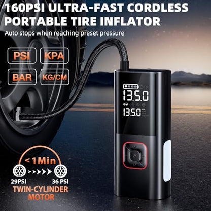 Jump Starter with Air Compressor, 5000A Battery Jumper Starter Portable (9L Gas/8L Diesel) with 160PSI Auto-Shutoff Tire Inflator, 12V Jump Box Car Battery Jump Starter with Jumper Cables, LED Light