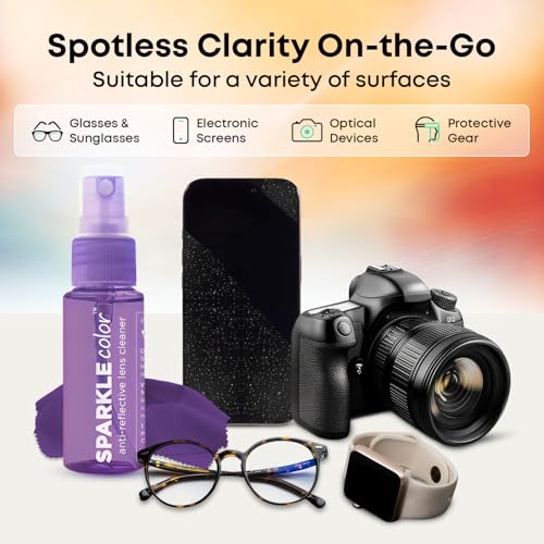 Sparkle Anti-Reflective Safe Lens Cleaner Spray Kit - (2) 1oz Glasses Cleaner Spray & (2) Microfiber Cloth for Eyeglasses, Sunglasses, Lenses, Screens and Camera Cleaning Kit (4 Piece Set) - style: Purple | 2x1oz Lens Spray + 2 Microfiber Cloths