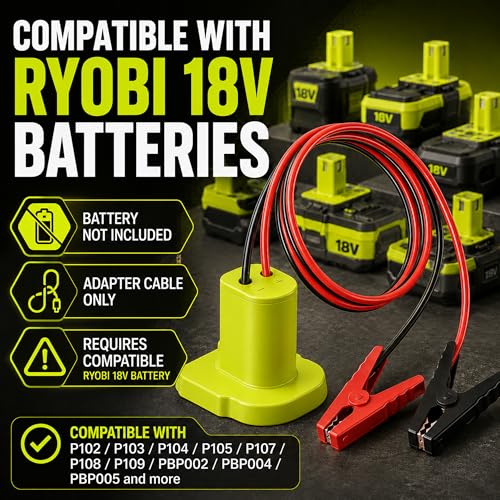 Jumper Cables Adapter Compatible with Ryobi 18V Battery, 12AWG 2FT Battery Jumper Cable with Alligator Clamps, Emergency Booster Cable for Compact Cars, Motorcycles, ATVs and Lawn Equipment