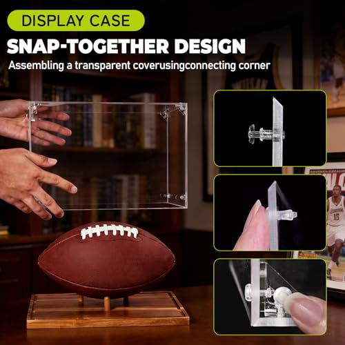 Football Display Case Full Size, Acrylic Clear Box with Wood Stand, UV Protected Memorabilia Holder, for Football Fans & Collectors, Sports Collectibles - size: 13.9ln×8.9ln×1.5ln