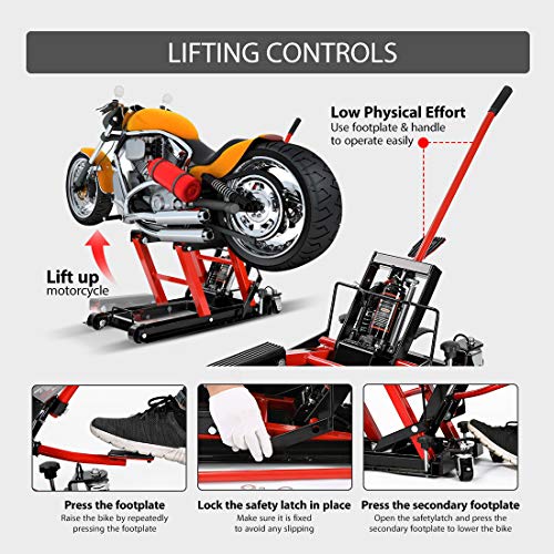VIVOHOME 1500 LBS Hydraulic Motorcycle Lift Jack, Heavy-Duty Steel ATV Lift Stand with Wheels & Handle, for Motorcycles, Dirt Bikes, ATVs (Red) - color: Red